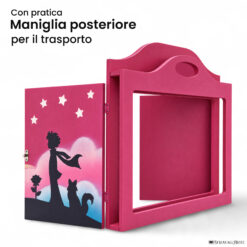 Teatrino kamishibai A3 personalizzato VE03 viola erika tema bambino, rosa e volpe sotto le stelle con maniglia posteriore in legno StravagArte