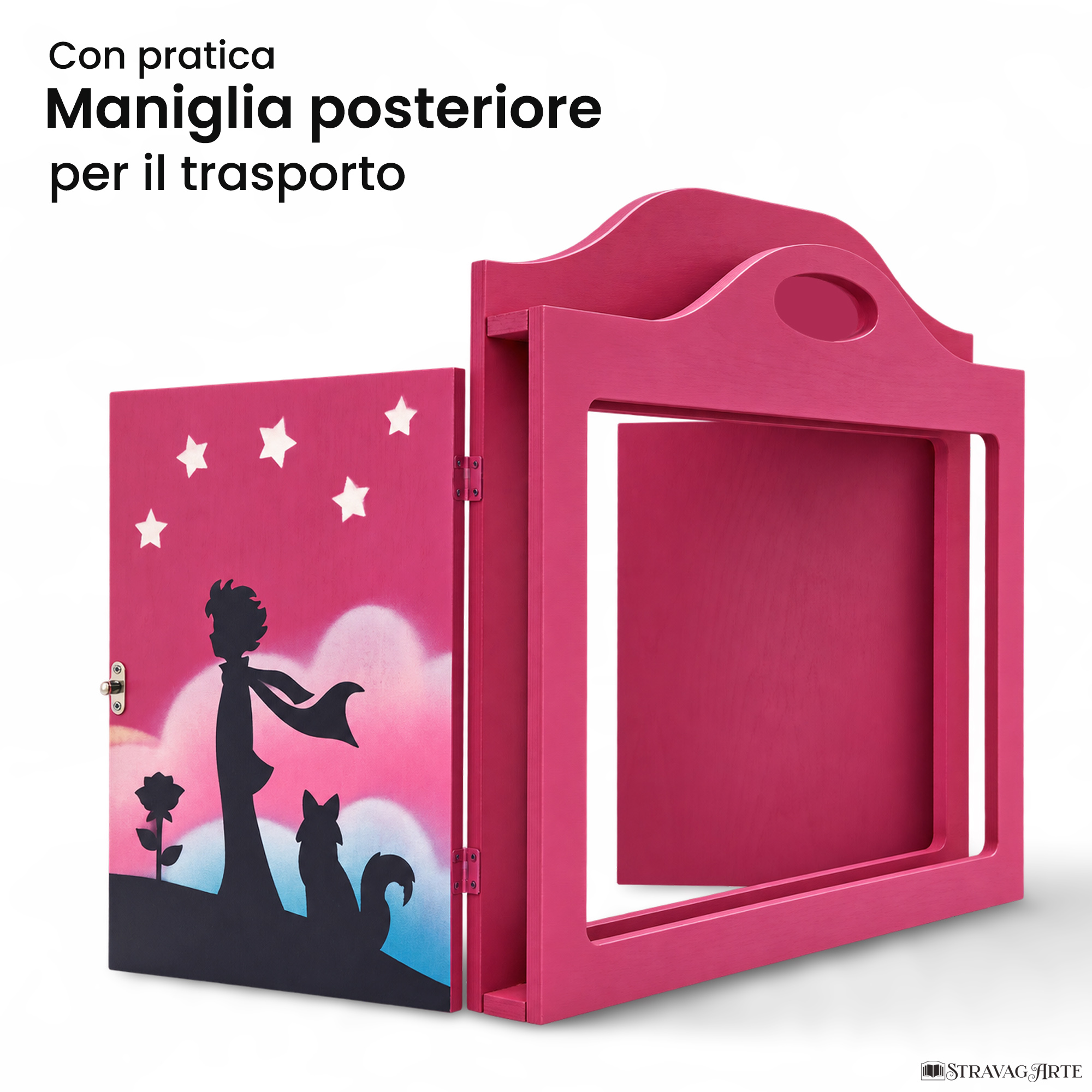 Teatrino kamishibai A3 personalizzato VE03 viola erika tema bambino, rosa e volpe sotto le stelle con maniglia posteriore in legno StravagArte