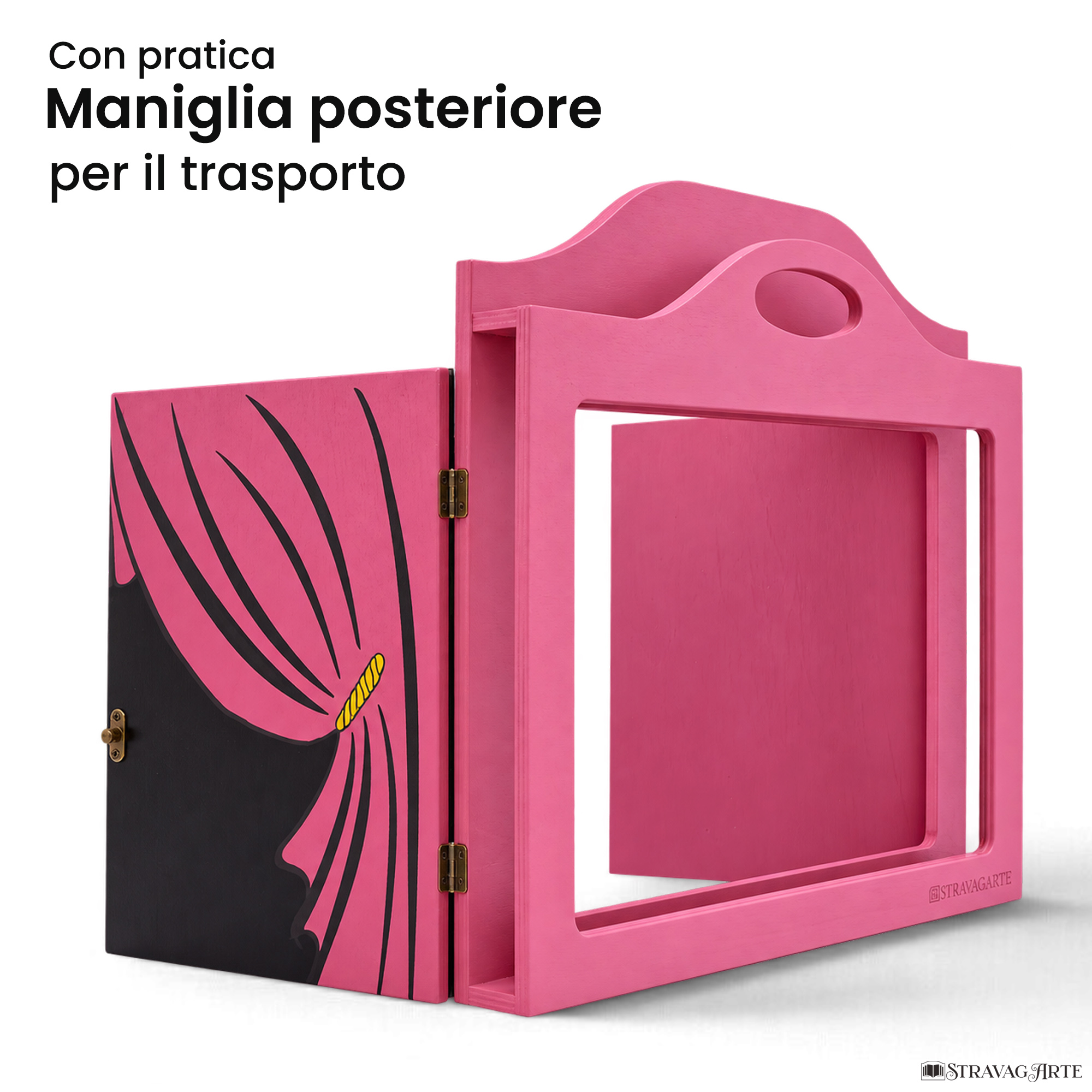 Teatrino kamishibai A3 personalizzato VE11 viola erika tema sipario con maniglia posteriore in legno StravagArte