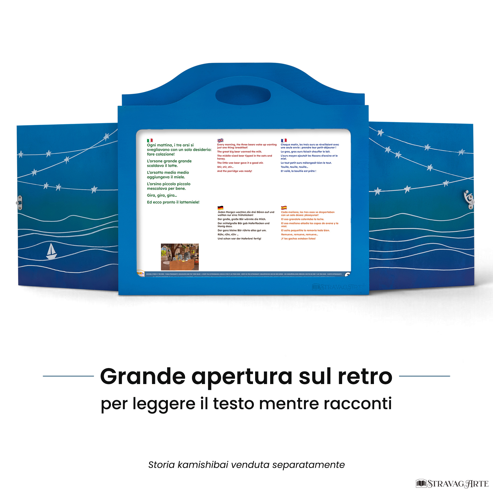 Teatrino kamishibai A3 personalizzato AZ01 azzurro tema mare, barchetta e stelle con ampia apertura posteriore per leggere il testo