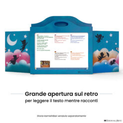 Teatrino kamishibai A3 personalizzato AZ02 azzurro tema bambini in volo con ampia apertura posteriore per leggere il testo