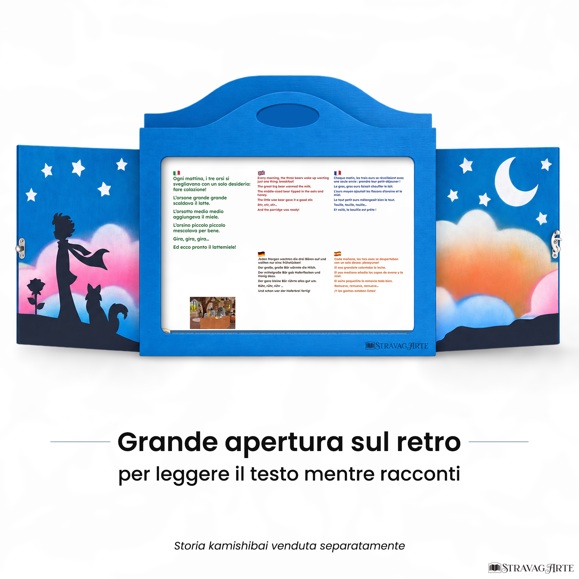 Teatrino kamishibai A3 personalizzato AZ03 azzurro tema bambino, rosa e volpe sotto le stelle con ampia apertura posteriore per leggere il testo