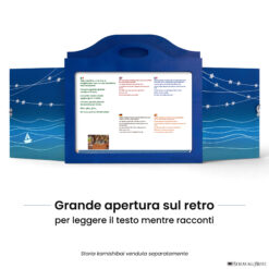 Teatrino kamishibai A3 personalizzato BC01 blu chiaro tema mare, barchetta e stelle con ampia apertura posteriore per leggere il testo