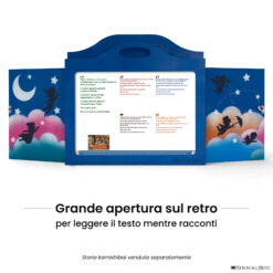 Teatrino kamishibai A3 personalizzato BC02 blu chiaro tema bambini in volo con ampia apertura posteriore per leggere il testo