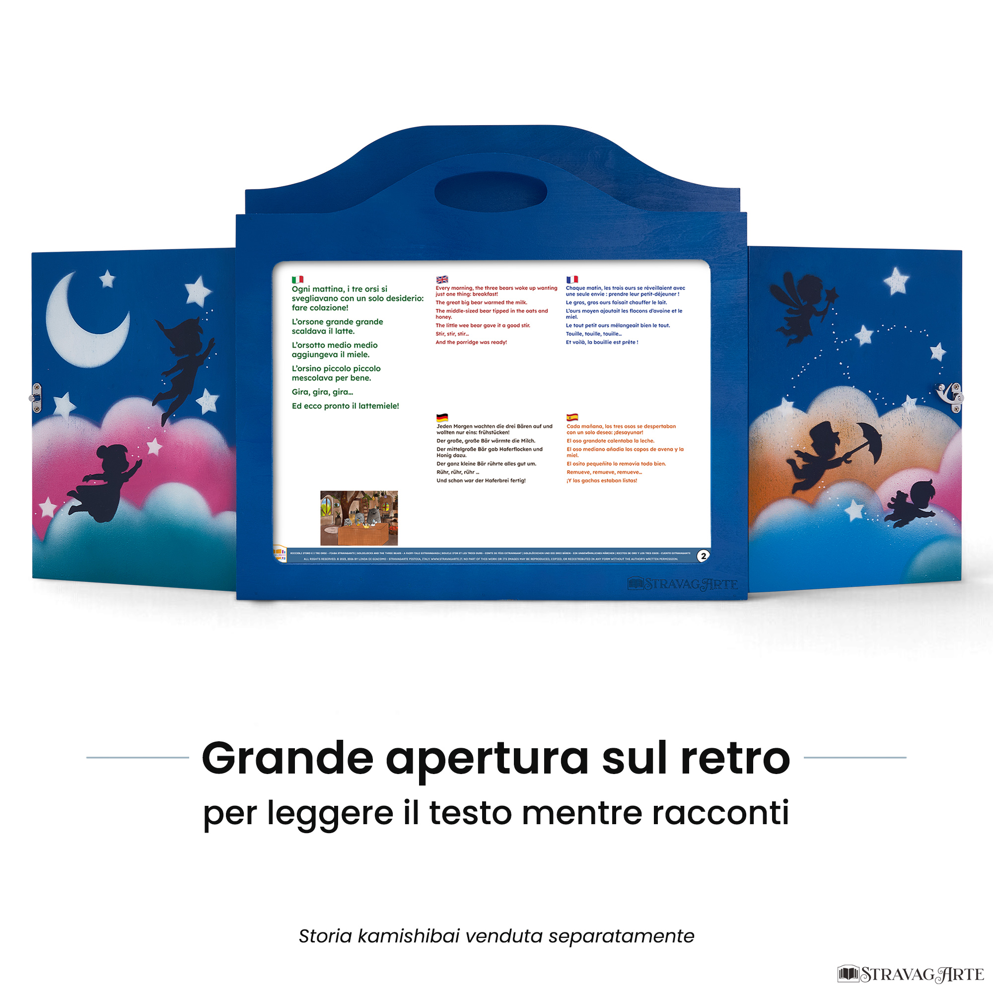 Teatrino kamishibai A3 personalizzato BC02 blu chiaro tema bambini in volo con ampia apertura posteriore per leggere il testo