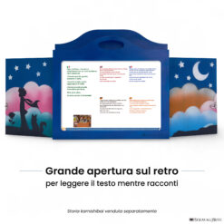 Teatrino kamishibai A3 personalizzato BC03 blu chiaro tema bambino, rosa e volpe sotto le stelle con ampia apertura posteriore per leggere il testo
