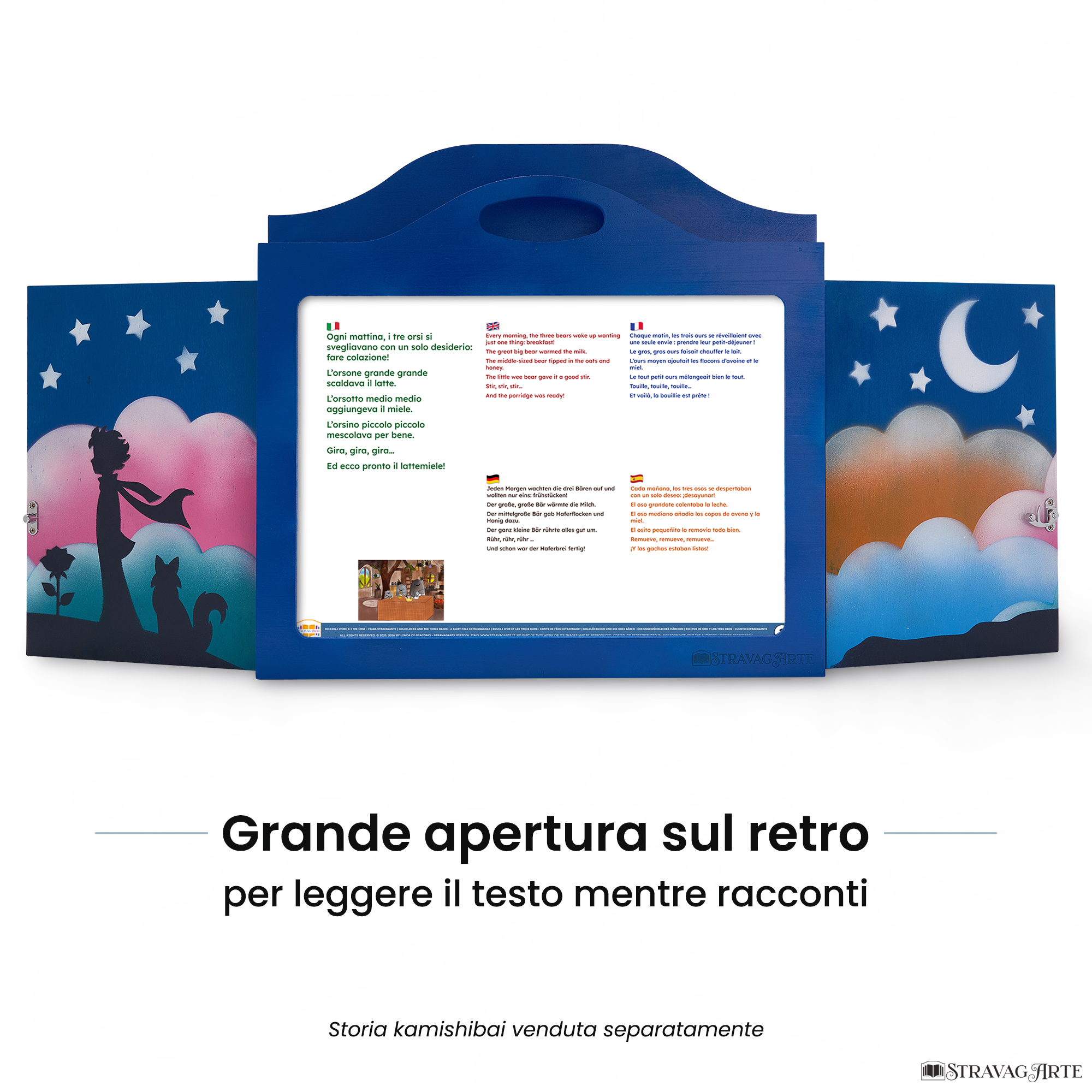 Teatrino kamishibai A3 personalizzato BC03 blu chiaro tema bambino, rosa e volpe sotto le stelle con ampia apertura posteriore per leggere il testo