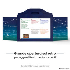 Teatrino kamishibai A3 personalizzato BS01 blu scuro tema mare, barchetta e stelle con ampia apertura posteriore per leggere il testo