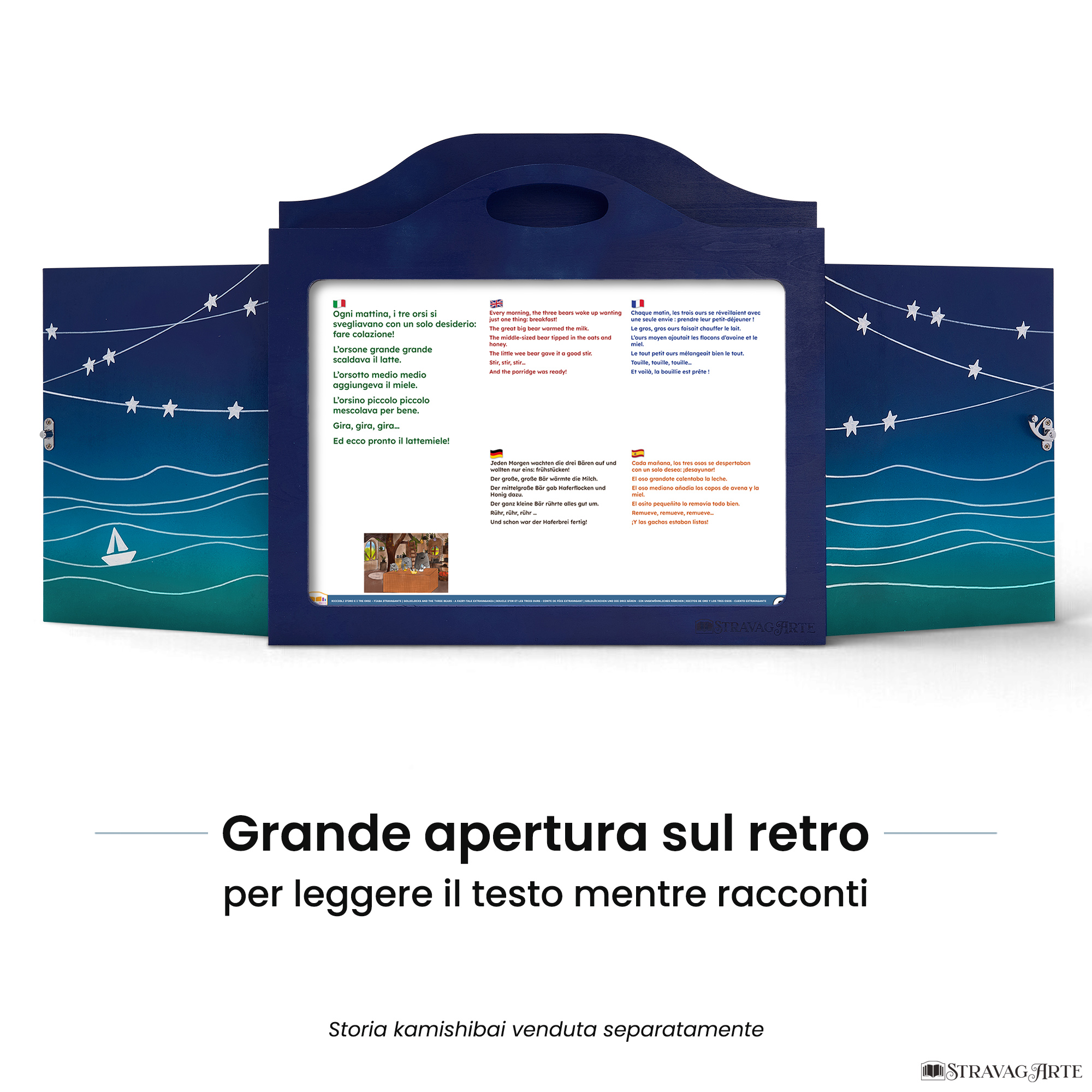 Teatrino kamishibai A3 personalizzato BS01 blu scuro tema mare, barchetta e stelle con ampia apertura posteriore per leggere il testo