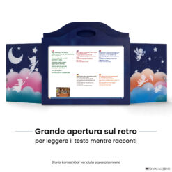 Teatrino kamishibai A3 personalizzato BS02 blu scuro tema bambini in volo con ampia apertura posteriore per leggere il testo