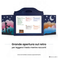 Teatrino kamishibai A3 personalizzato BS03 blu scuro tema bambino, rosa e volpe sotto le stelle con ampia apertura posteriore per leggere il testo