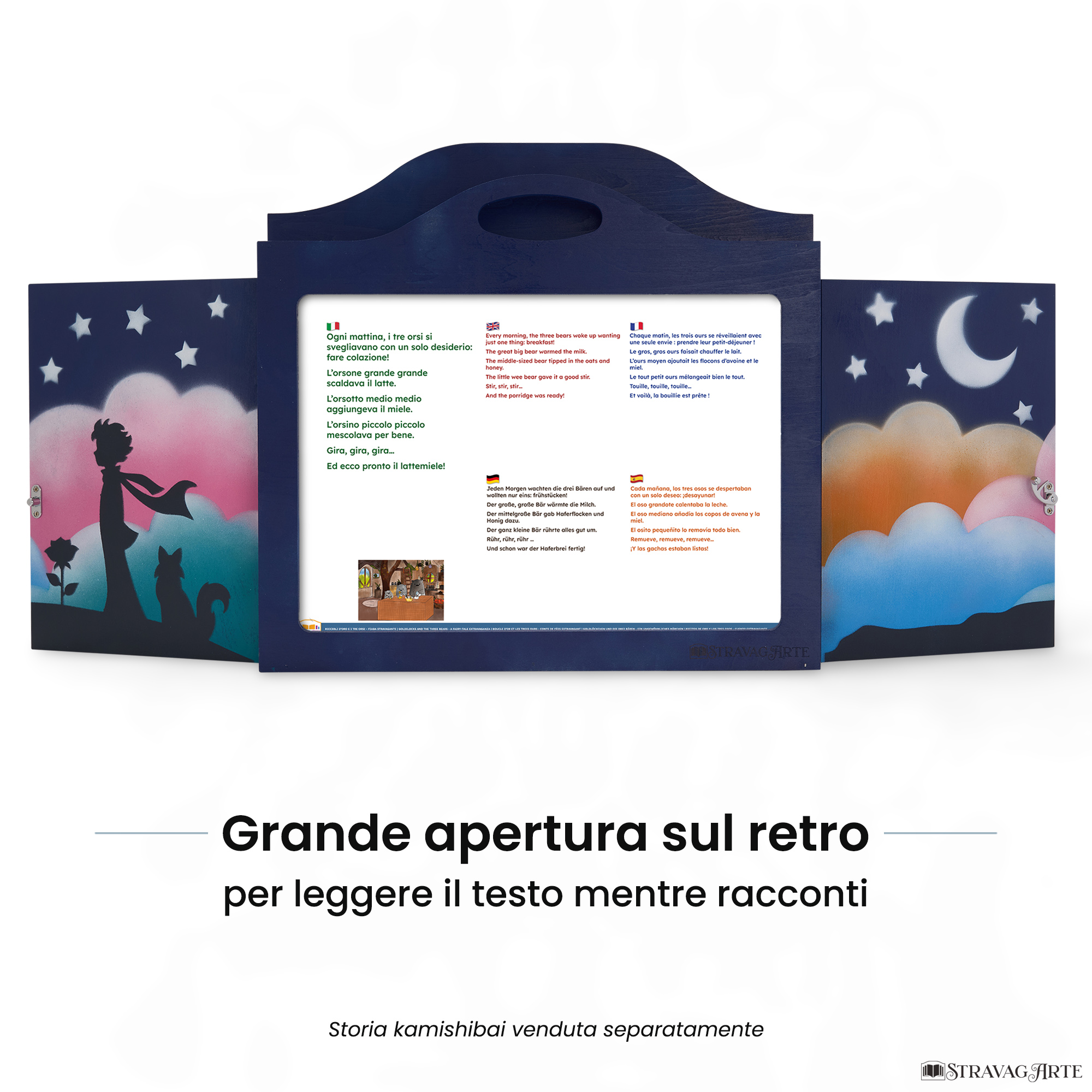 Teatrino kamishibai A3 personalizzato BS03 blu scuro tema bambino, rosa e volpe sotto le stelle con ampia apertura posteriore per leggere il testo