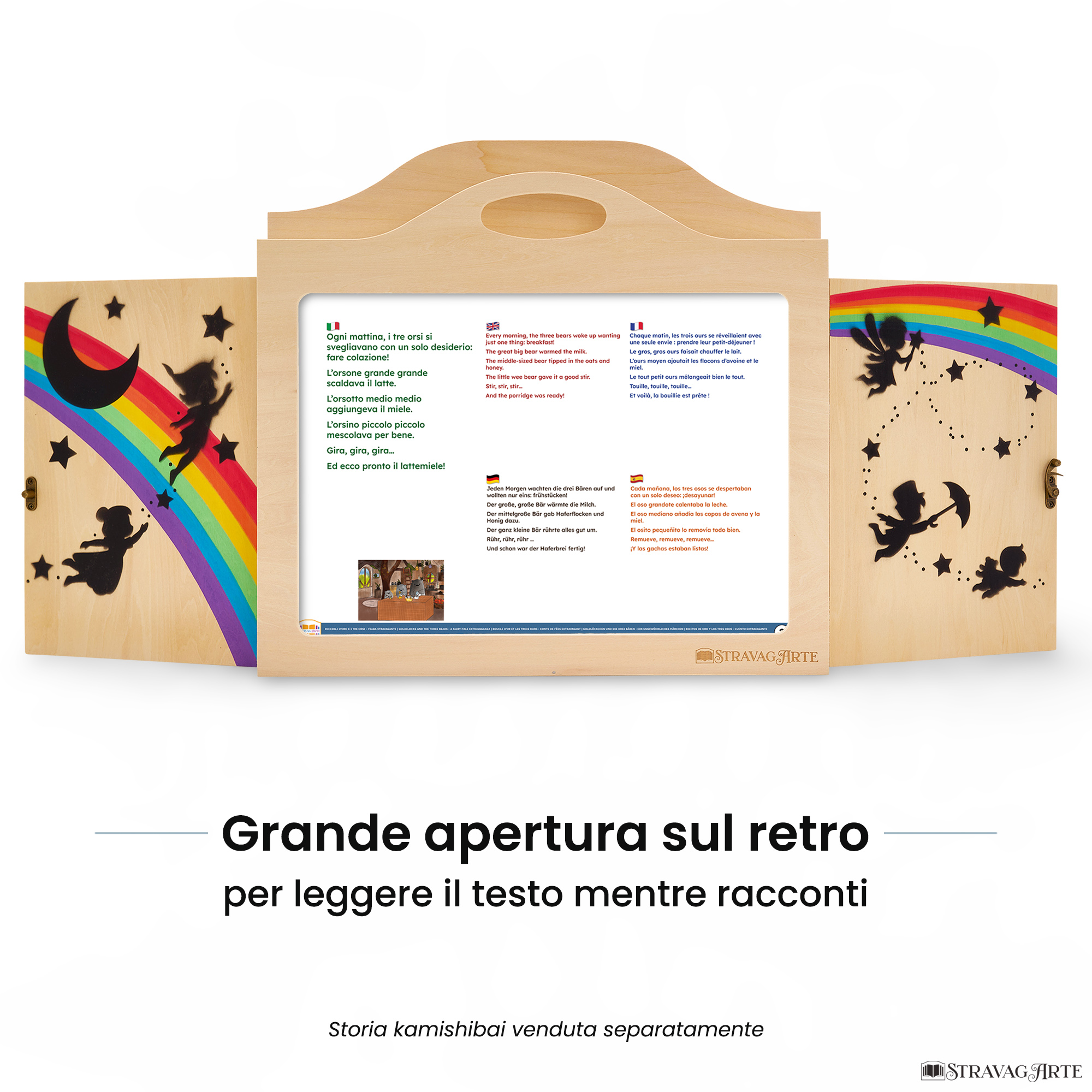 Teatrino kamishibai A3 personalizzato LN02 legno naturale tema bambini in volo con ampia apertura posteriore per leggere il testo