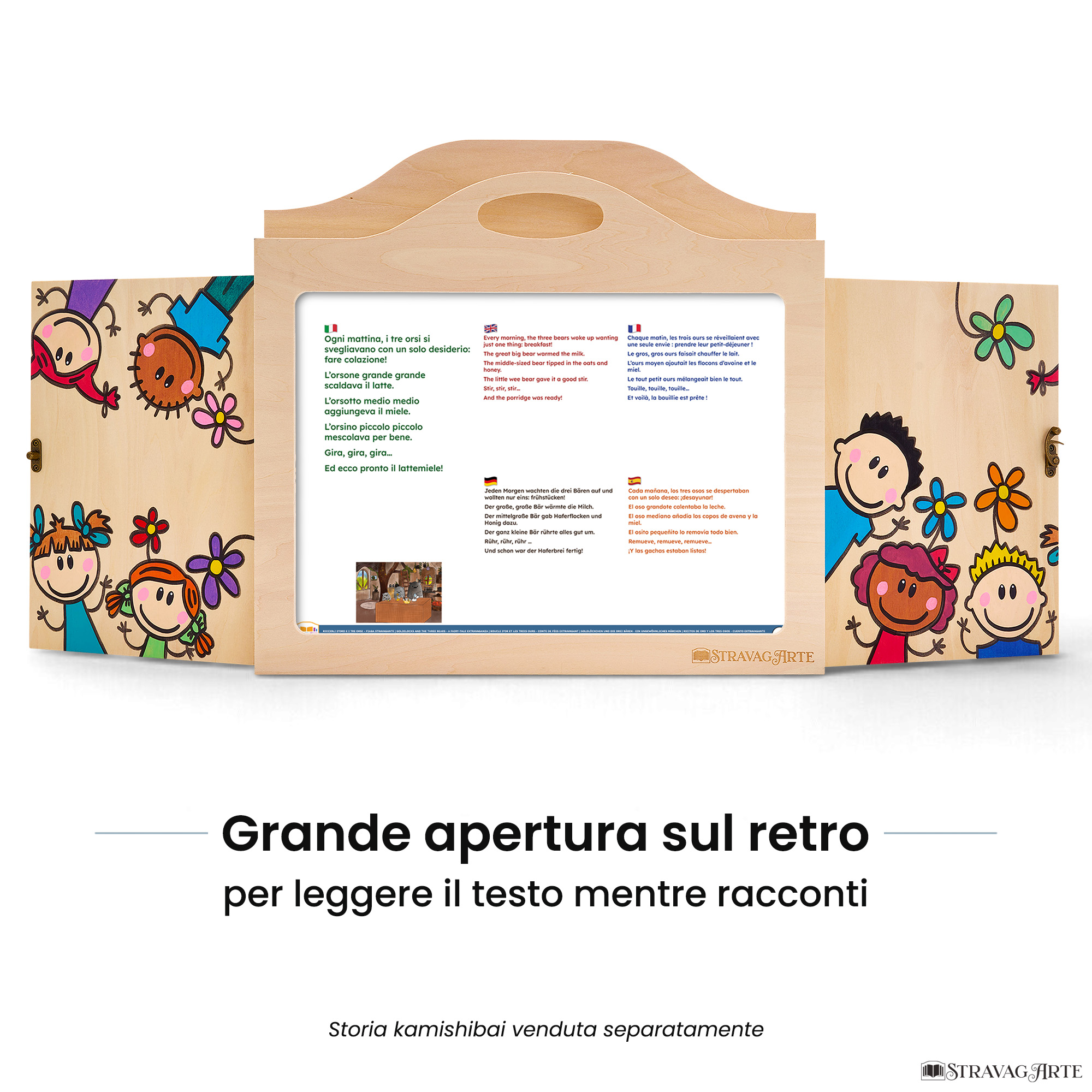Teatrino kamishibai A3 personalizzato LN05 legno naturale tema bambini sopra e sotto con ampia apertura posteriore per leggere il testo