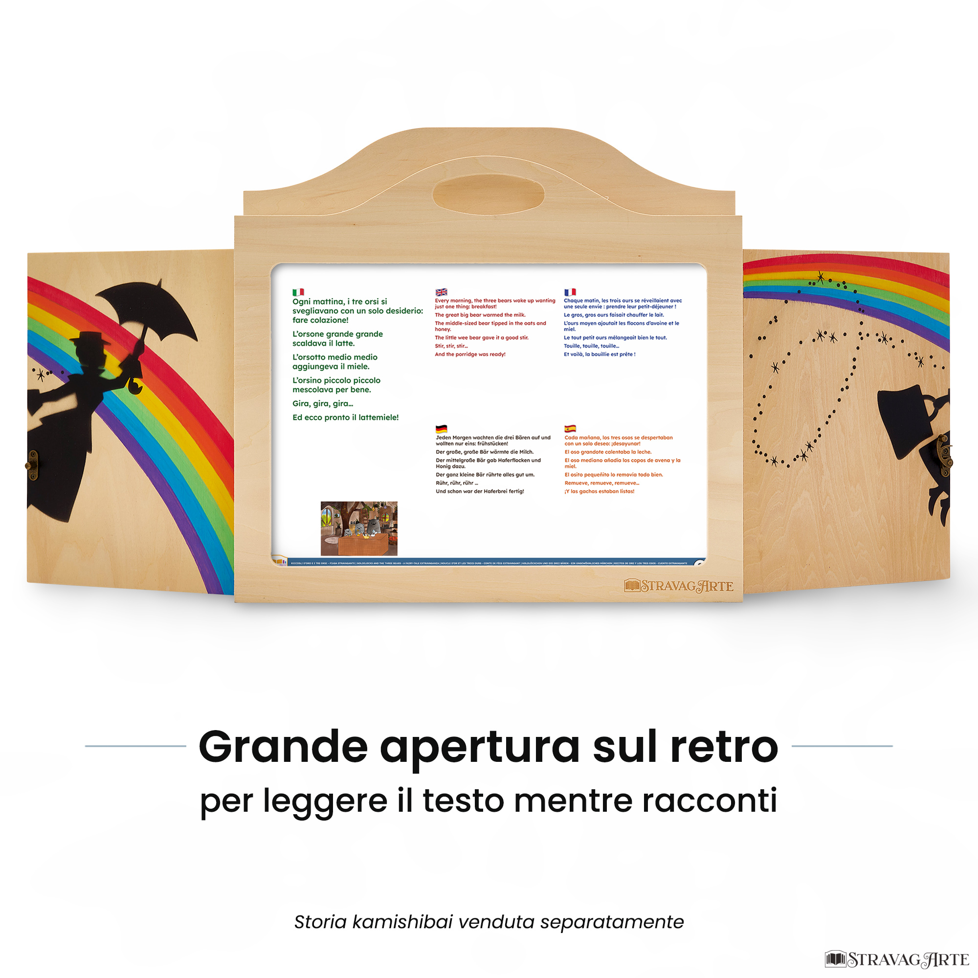 Teatrino kamishibai A3 personalizzato LN06 legno naturale tema maestra con ombrello in volo con ampia apertura posteriore per leggere il testo