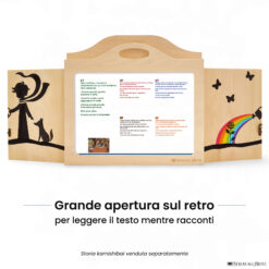 Teatrino kamishibai A3 personalizzato LN07 legno naturale tema bambino che annaffia la rosa con volpe con ampia apertura posteriore per leggere il testo
