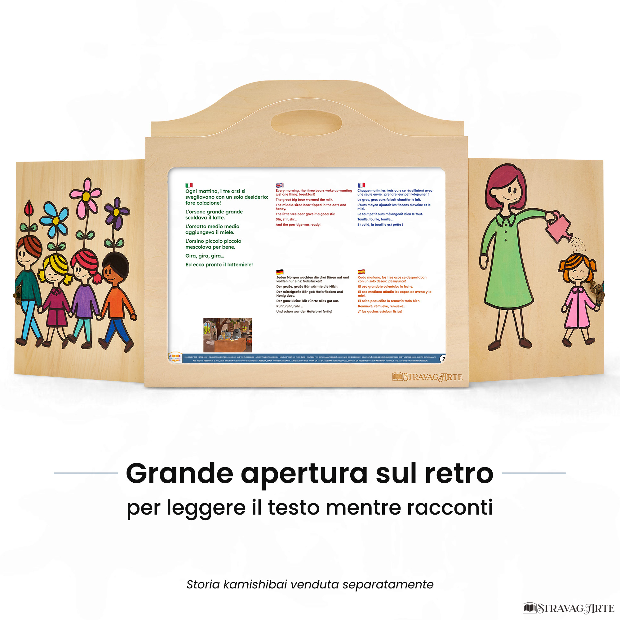 Teatrino kamishibai A3 personalizzato LN08 legno naturale tema maestra che annaffia i bambini con ampia apertura posteriore per leggere il testo