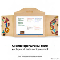 Teatrino kamishibai A3 personalizzato LN09 legno naturale tema bambini in cerchio con ampia apertura posteriore per leggere il testo
