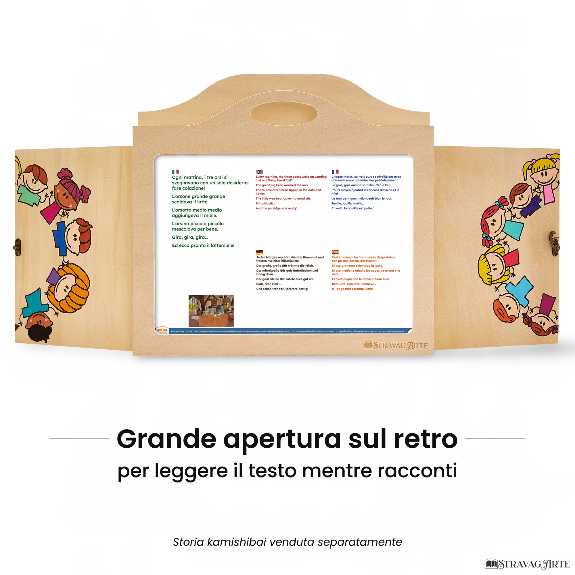 Teatrino kamishibai A3 personalizzato LN09 legno naturale tema bambini in cerchio con ampia apertura posteriore per leggere il testo