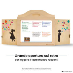 Teatrino kamishibai A3 personalizzato LN15 legno naturale tema bambini che soffiano bolle colorate con ampia apertura posteriore per leggere il testo