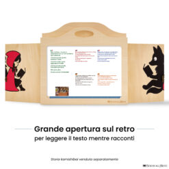 Teatrino kamishibai A3 personalizzato LN16 legno naturale tema lupo e cappuccetto rosso che leggono un libro con ampia apertura posteriore per leggere il testo