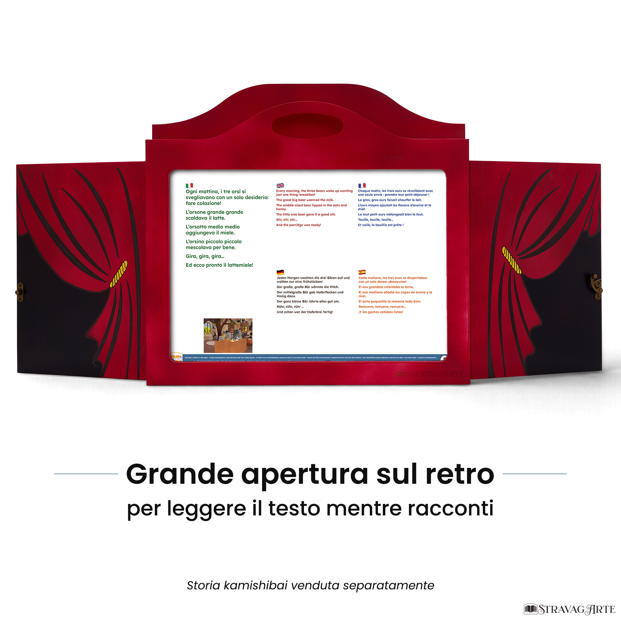 Teatrino kamishibai A3 personalizzato RR11 rosso rubino tema sipario con ampia apertura posteriore per leggere il testo