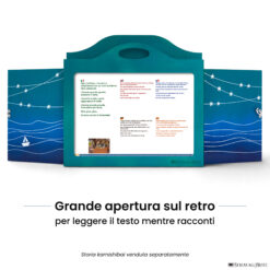 Teatrino kamishibai A3 personalizzato TU01 turchese tema mare, barchetta e stelle con ampia apertura posteriore per leggere il testo