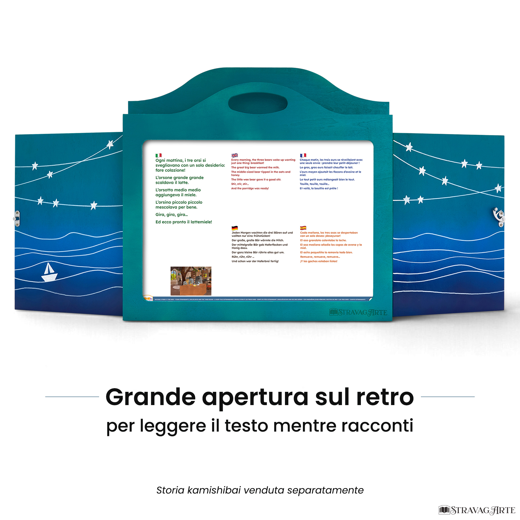 Teatrino kamishibai A3 personalizzato TU01 turchese tema mare, barchetta e stelle con ampia apertura posteriore per leggere il testo