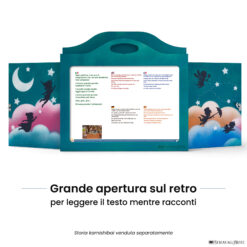 Teatrino kamishibai A3 personalizzato TU02 turchese tema bambini in volo con ampia apertura posteriore per leggere il testo