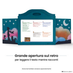 Teatrino kamishibai A3 personalizzato TU03 turchese tema bambino, rosa e volpe sotto le stelle con ampia apertura posteriore per leggere il testo