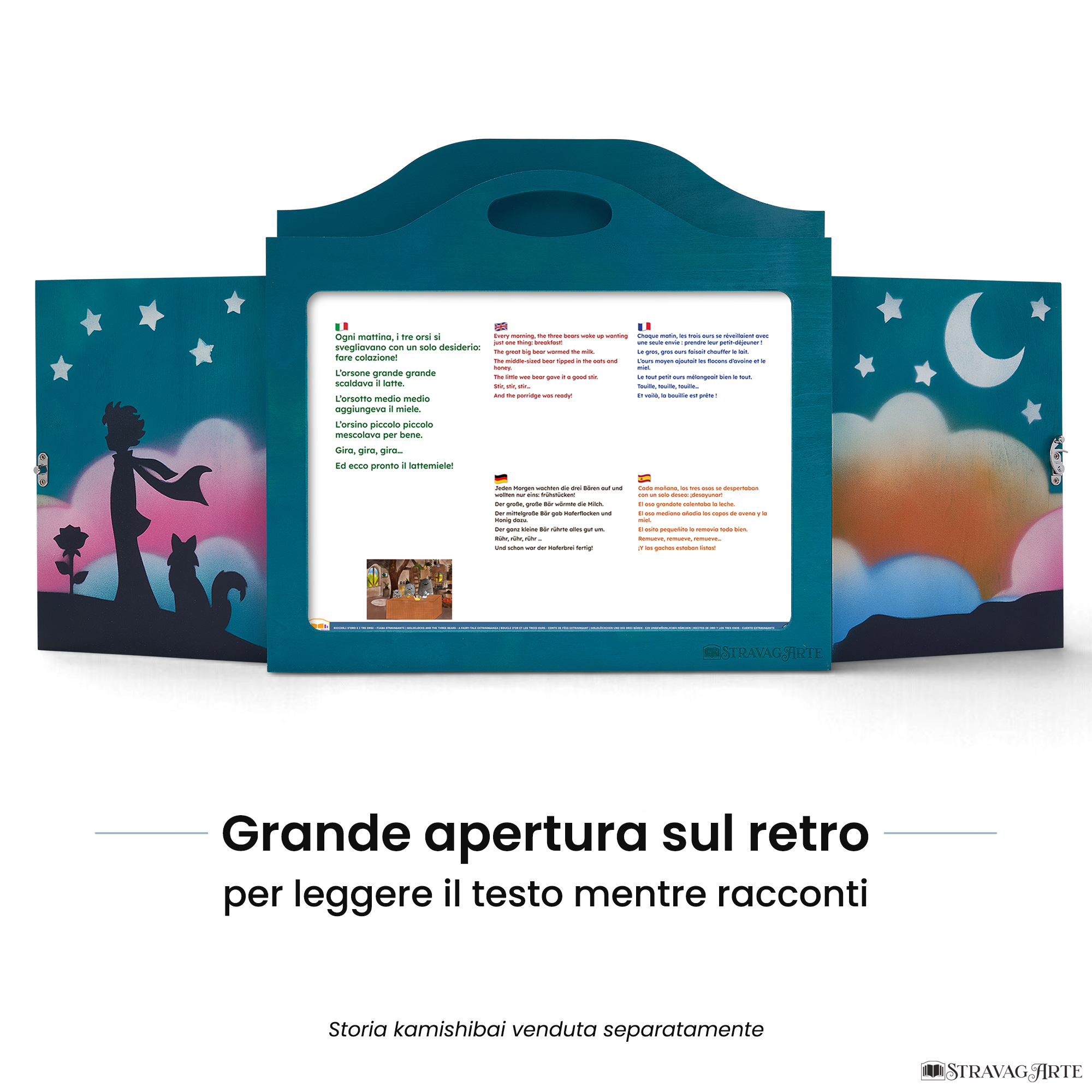 Teatrino kamishibai A3 personalizzato TU03 turchese tema bambino, rosa e volpe sotto le stelle con ampia apertura posteriore per leggere il testo