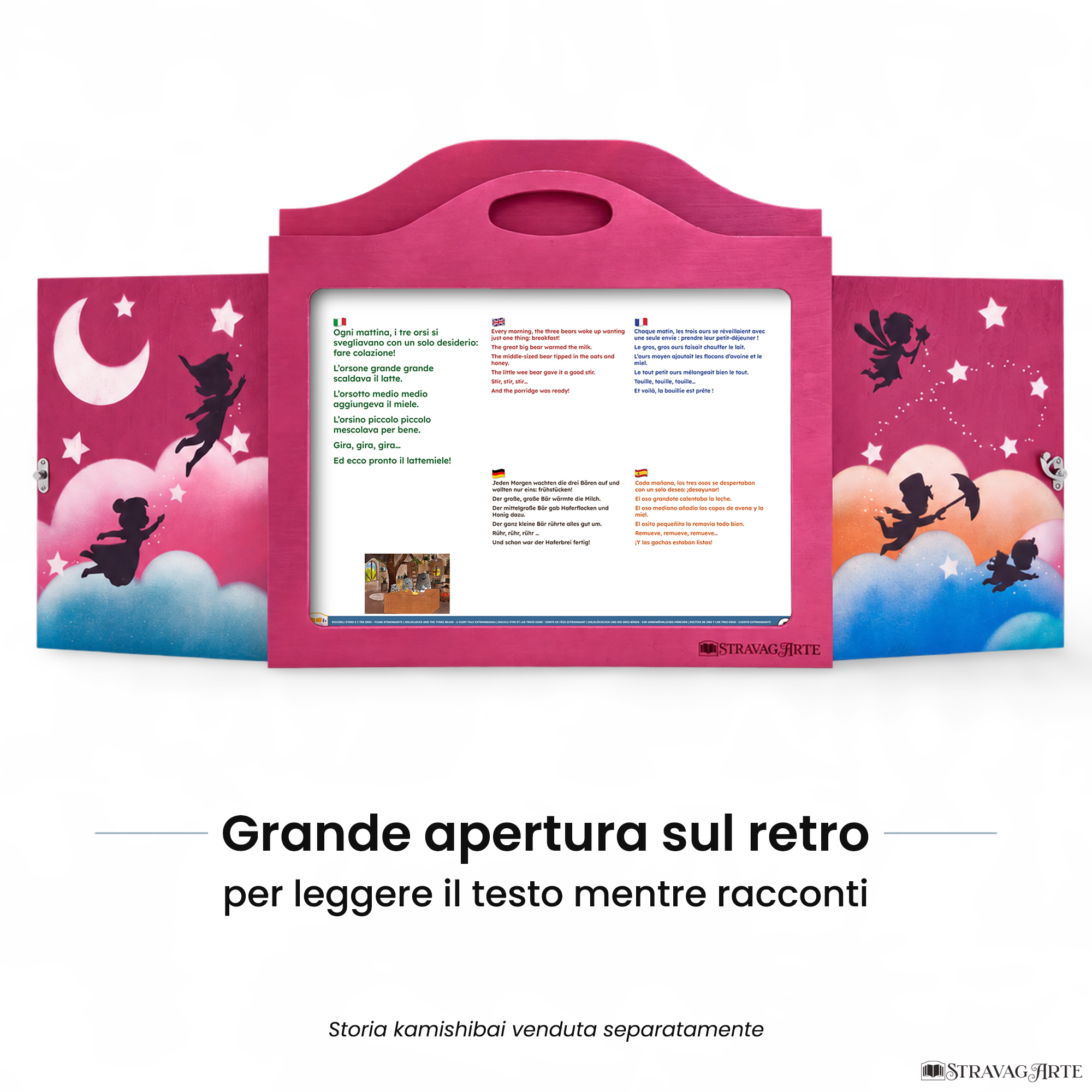 Teatrino kamishibai A3 personalizzato VE02 viola erika tema bambini in volo con ampia apertura posteriore per leggere il testo