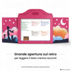 Teatrino kamishibai A3 personalizzato VE03 viola erika tema bambino, rosa e volpe sotto le stelle con ampia apertura posteriore per leggere il testo
