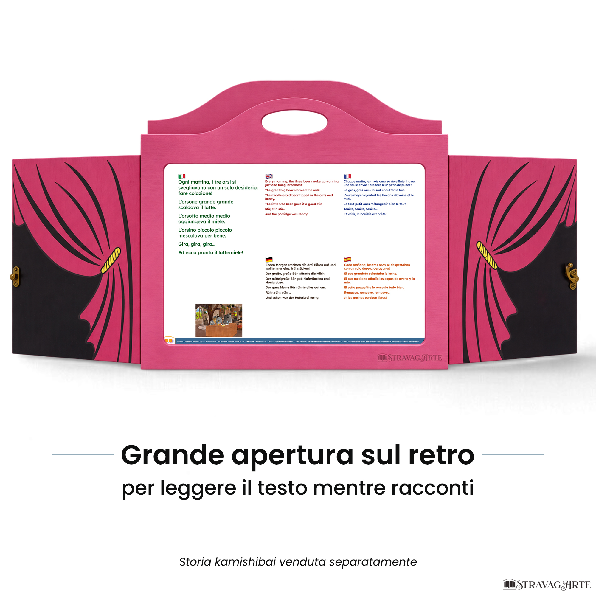 Teatrino kamishibai A3 personalizzato VE11 viola erika tema sipario con ampia apertura posteriore per leggere il testo