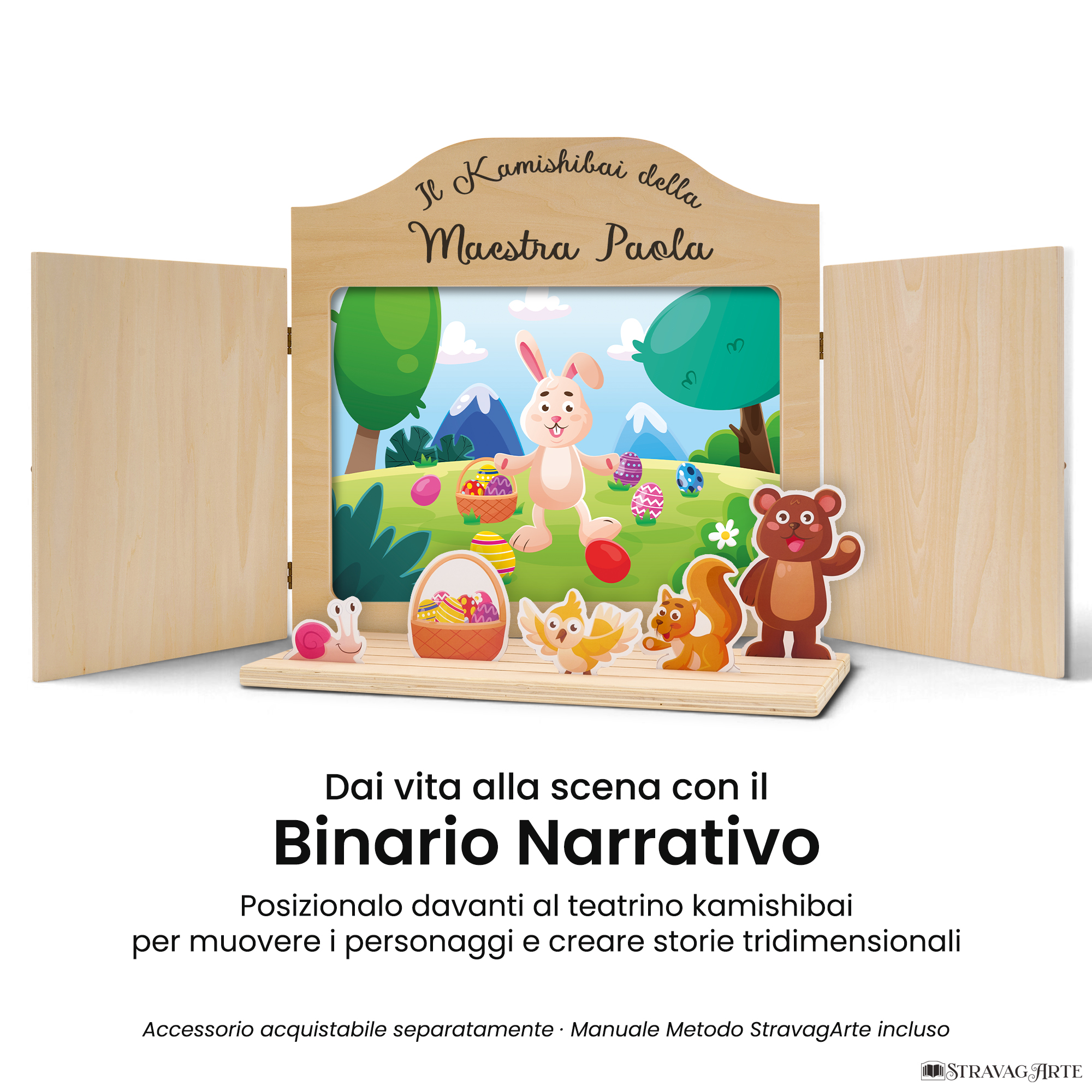 Teatrino kamishibai A3 legno naturale con Binario Narrativo StravagArte