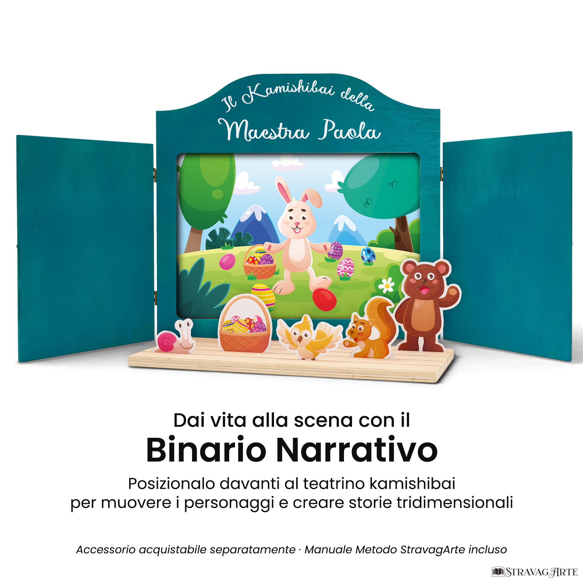 Teatrino kamishibai A3 turchese con Binario Narrativo StravagArte