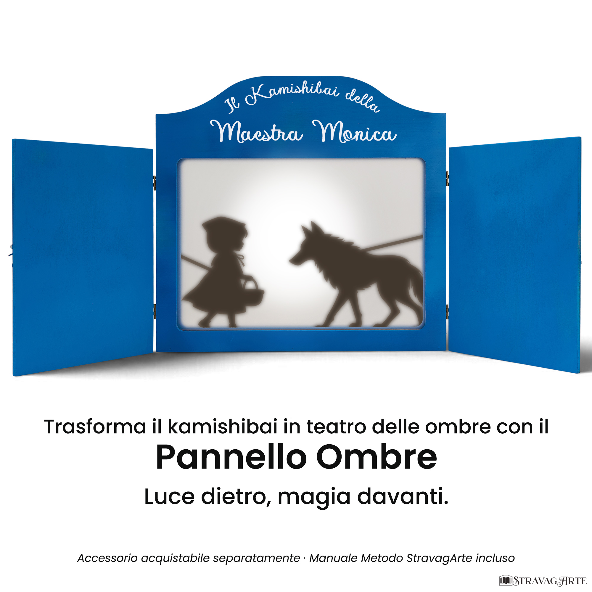 Teatrino kamishibai A3 azzurro con pannello teatro delle ombre StravagArte