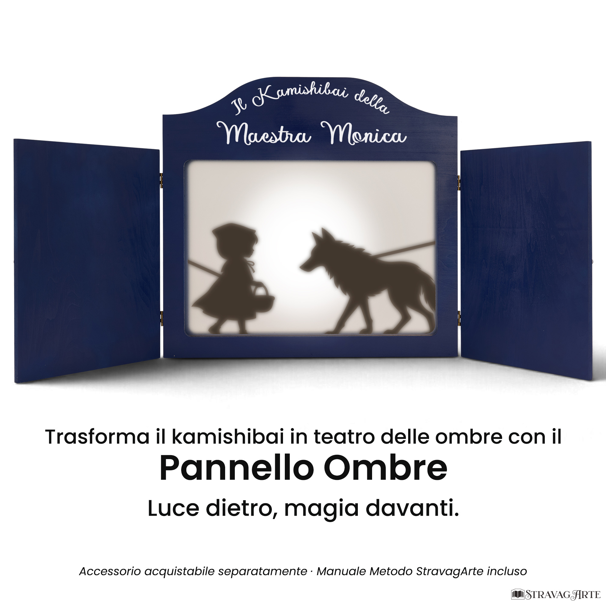 Teatrino kamishibai A3 blu scuro con pannello teatro delle ombre StravagArte