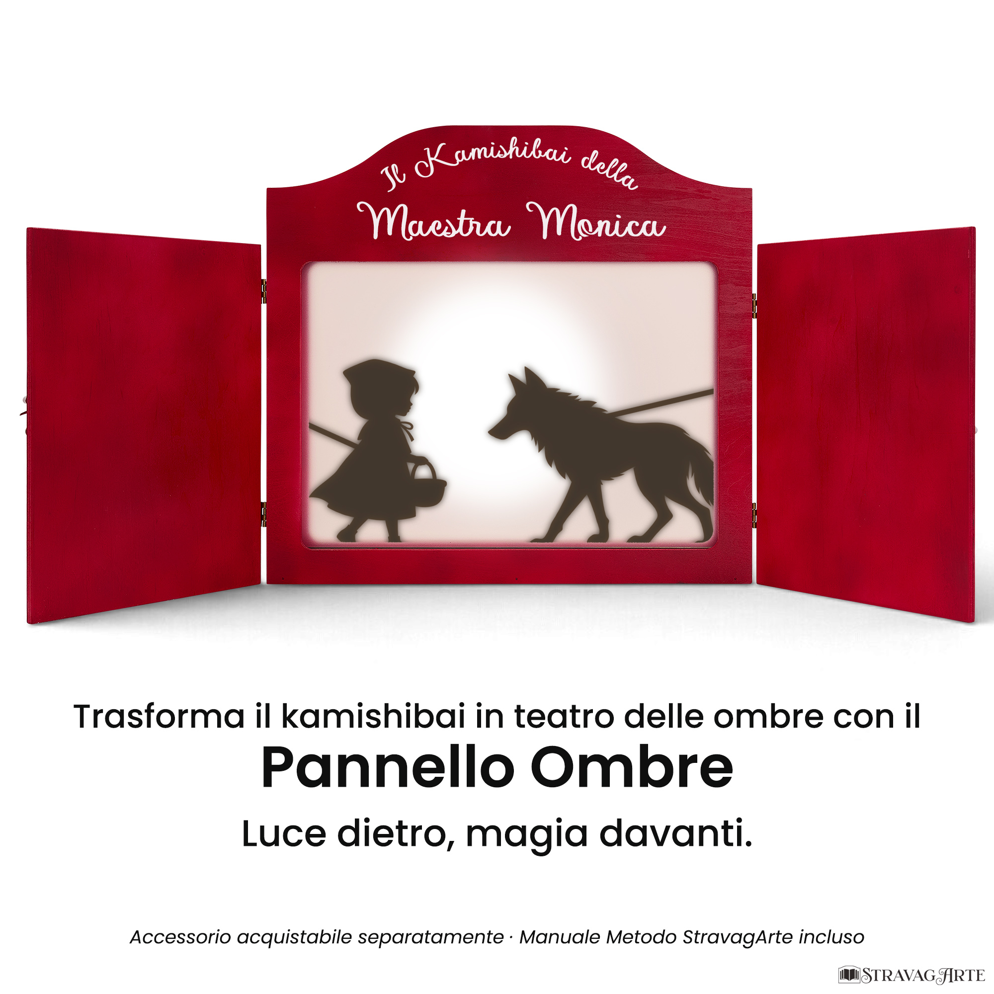 Teatrino kamishibai A3 rosso rubino con pannello teatro delle ombre StravagArte