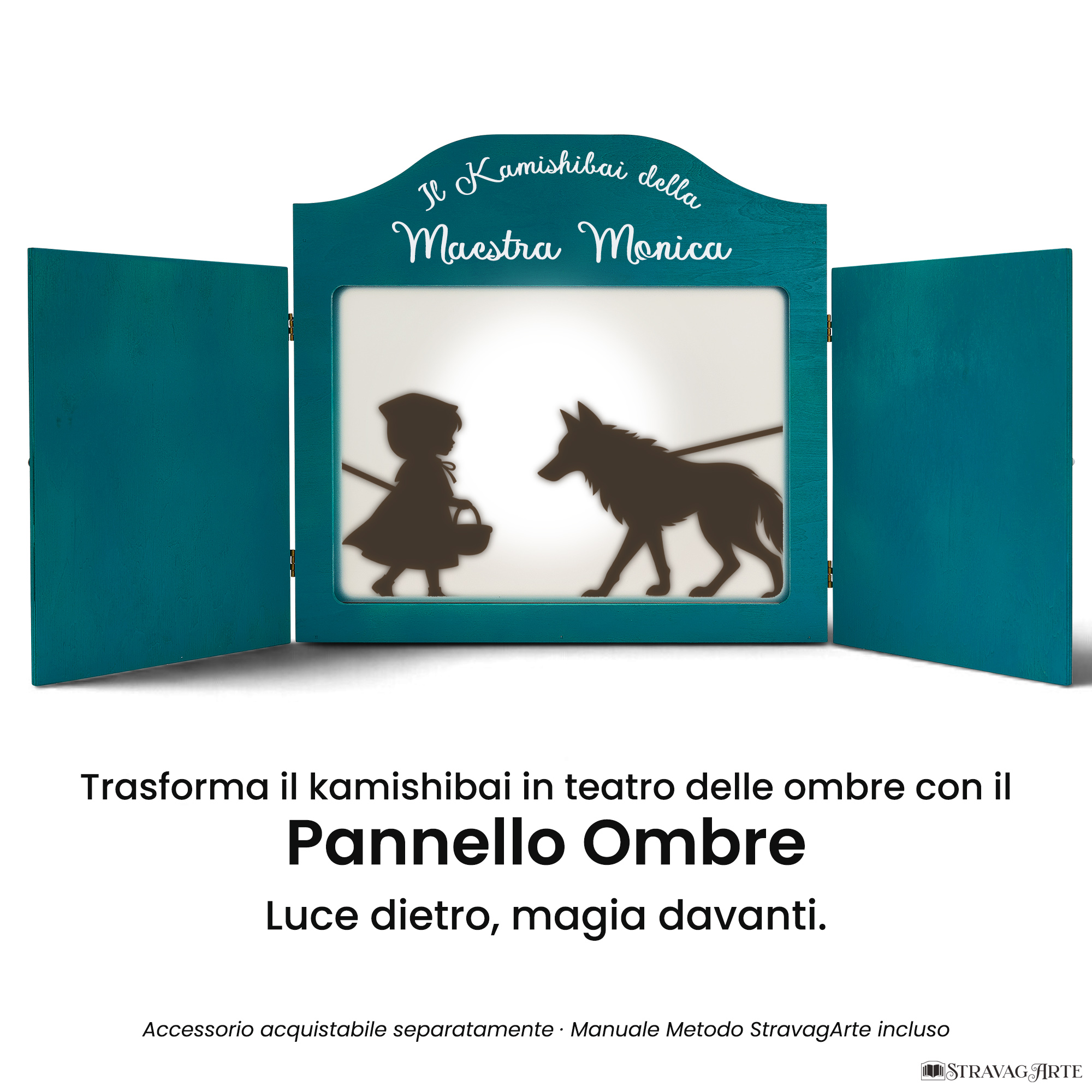 Teatrino kamishibai A3 turchese con pannello teatro delle ombre StravagArte
