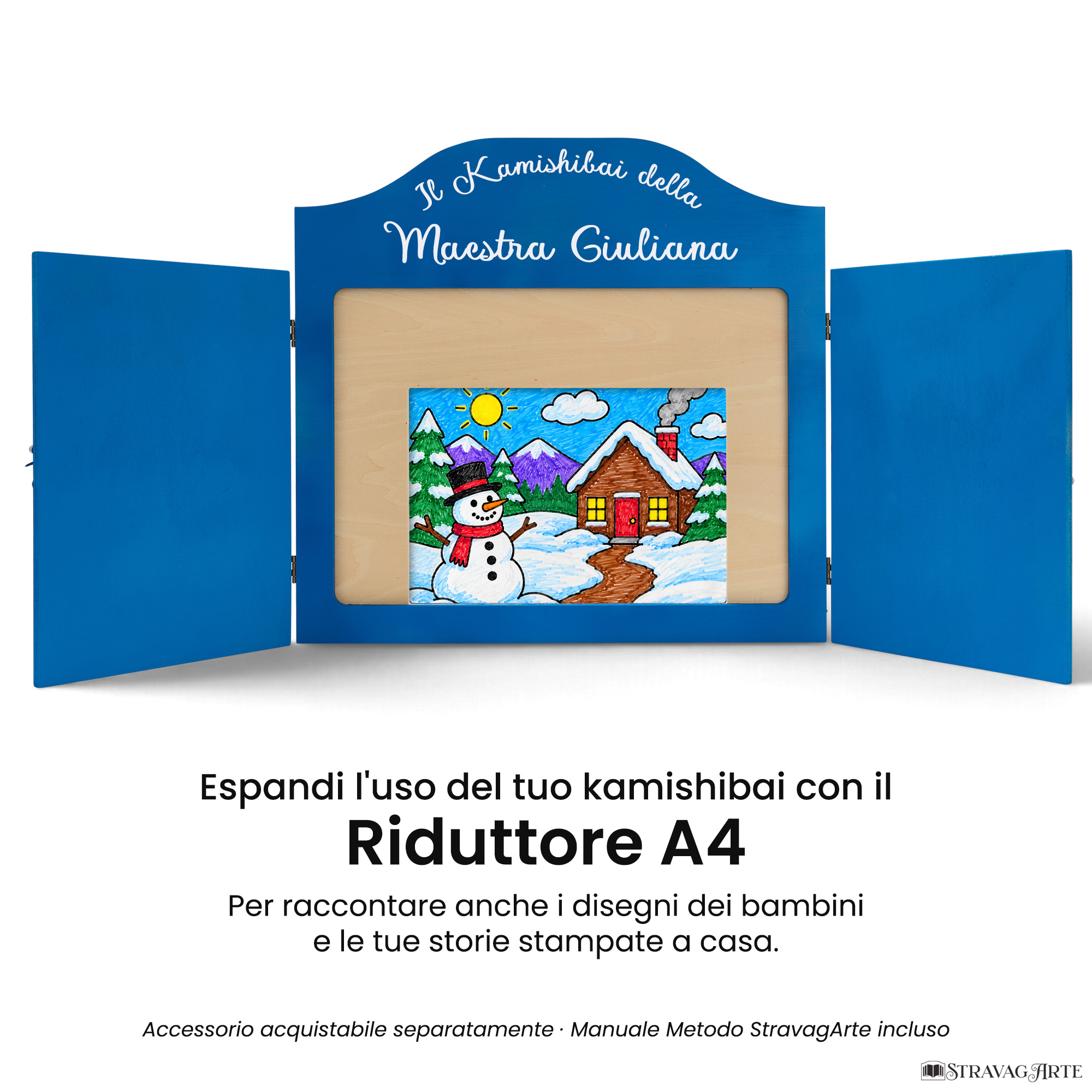 Teatrino kamishibai A3 azzurro con riduttore A4 StravagArte